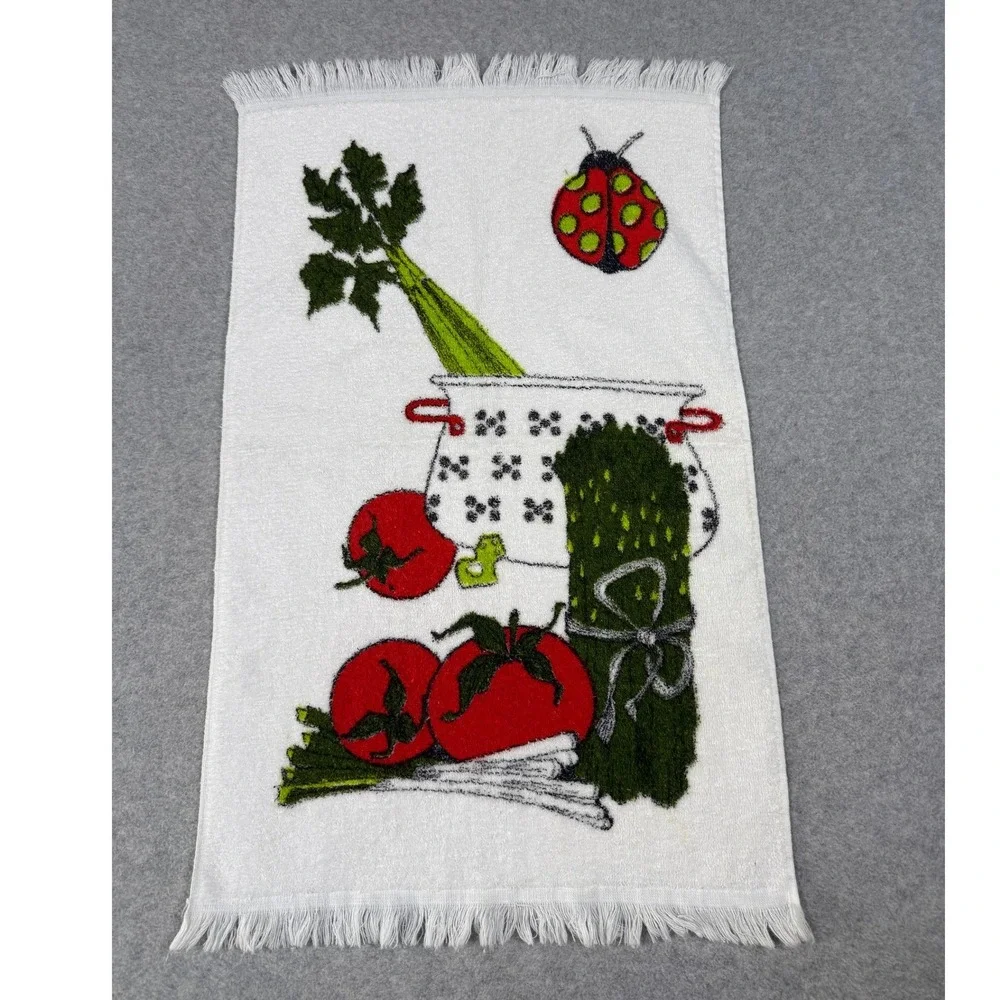 Vintage Ladybug Tomatoes Vegetables Kitchen Towel MCM Retro